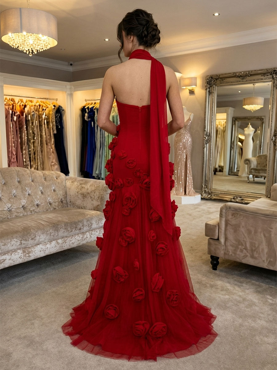 Pink Strapless 3D Rosette Long Prom Dress with Slit