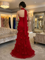 Pink Strapless 3D Rosette Long Prom Dress with Slit