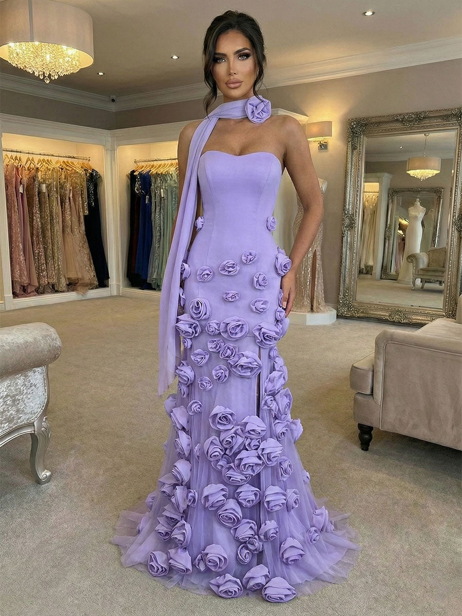 Pink Strapless 3D Rosette Long Prom Dress with Slit