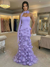 Pink Strapless 3D Rosette Long Prom Dress with Slit