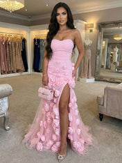 Pink Strapless 3D Rosette Long Prom Dress with Slit