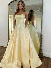 Pink Strapless A-line Sweetheart Long Prom Dress With Pearls