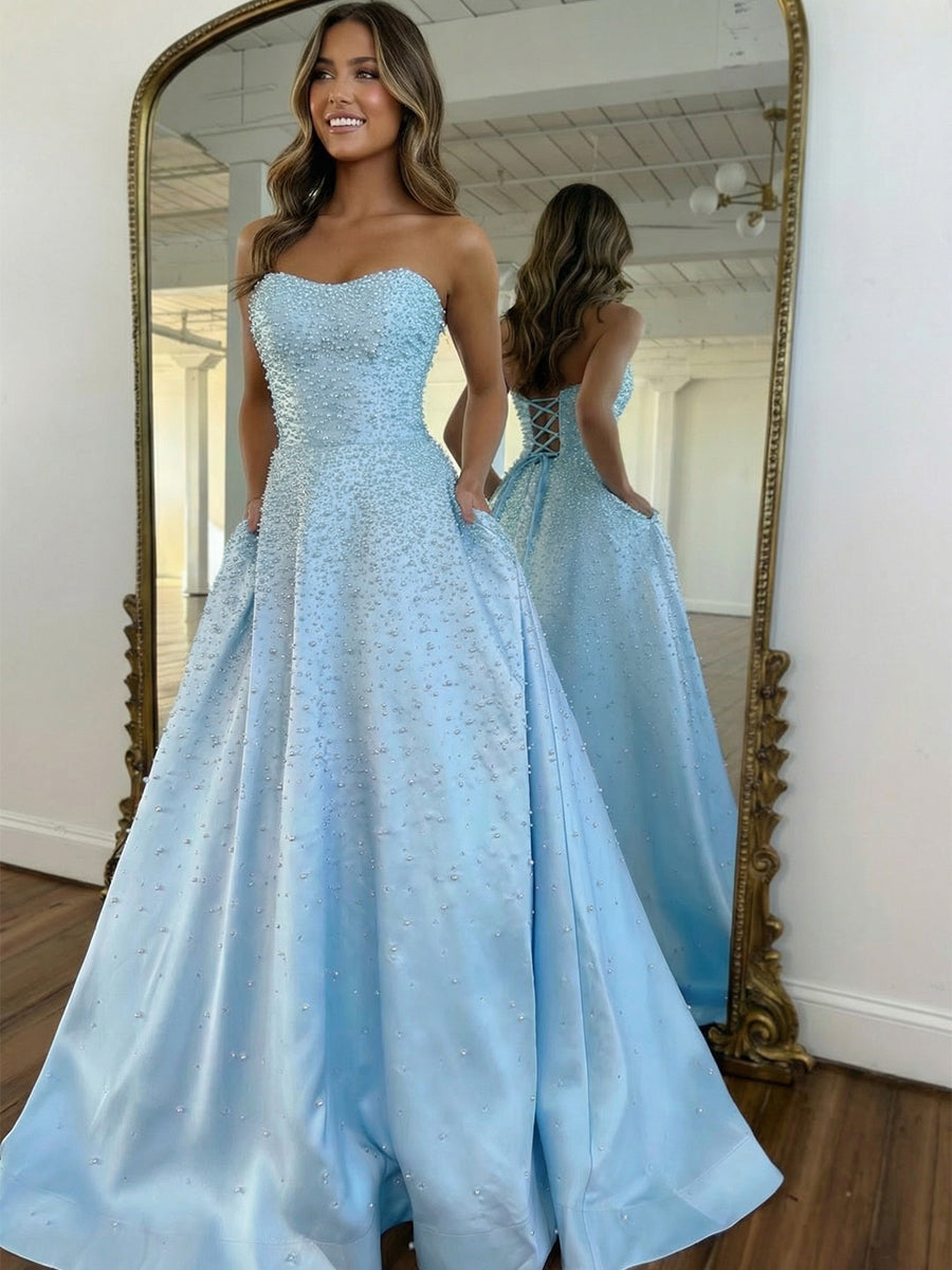 Pink Strapless A-line Sweetheart Long Prom Dress With Pearls