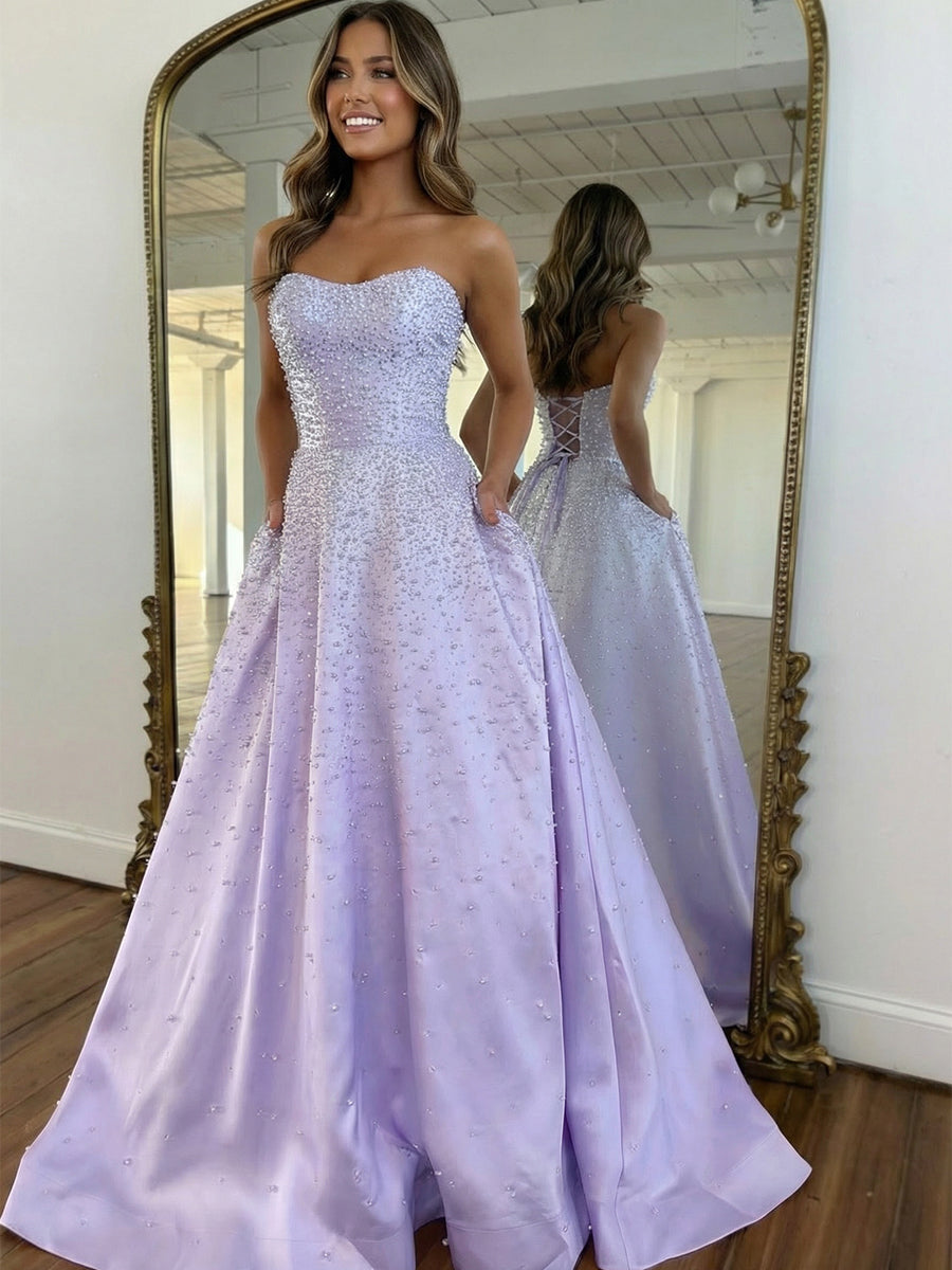 Pink Strapless A-line Sweetheart Long Prom Dress With Pearls