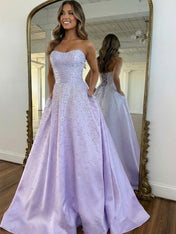 Pink Strapless A-line Sweetheart Long Prom Dress With Pearls