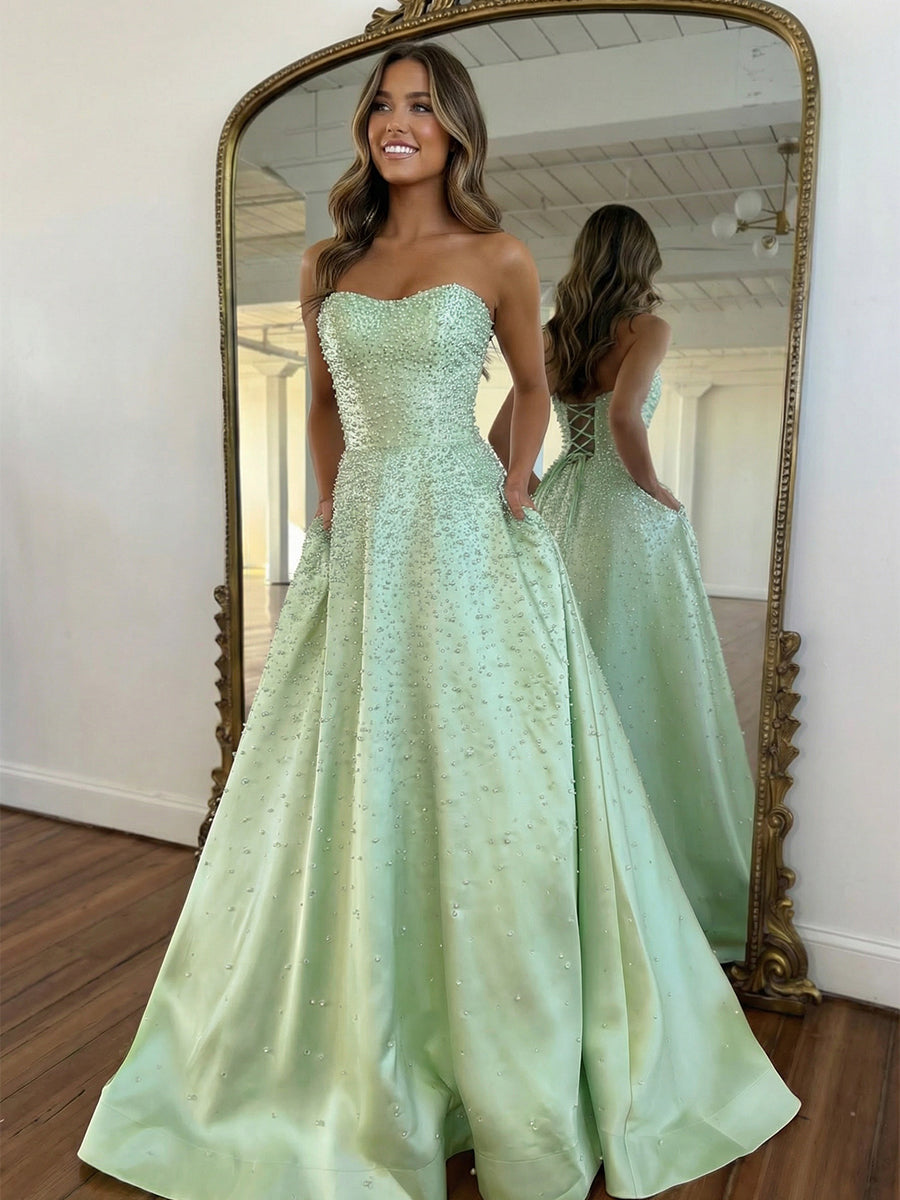 Pink Strapless A-line Sweetheart Long Prom Dress With Pearls