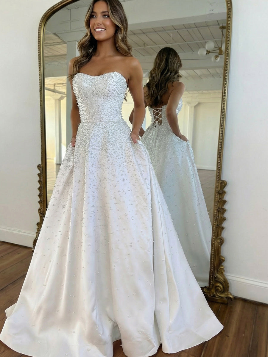 Pink Strapless A-line Sweetheart Long Prom Dress With Pearls