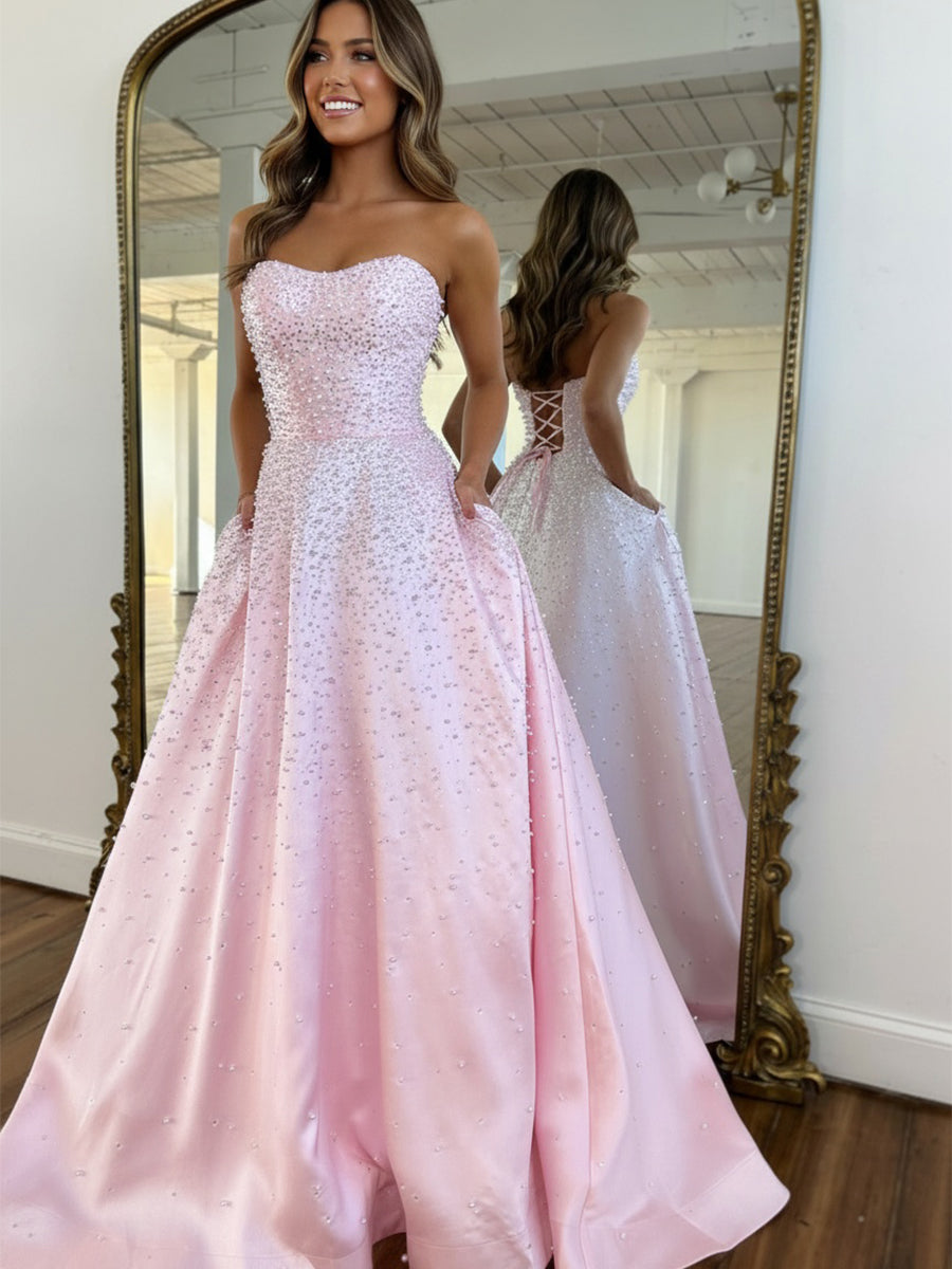 Pink Strapless A-line Sweetheart Long Prom Dress With Pearls