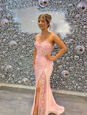 Pink Strapless Corset Floral Lace Prom Dress with High Slit