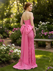 Pink Strapless Floral Lace Satin Corset Prom Dress with Back Bow