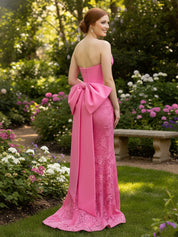 Pink Strapless Floral Lace Satin Corset Prom Dress with Back Bow