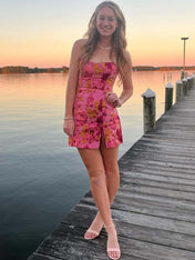 Strapless Jacquard Short Homecoming Dress with Slit