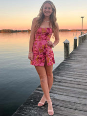 Pink Strapless Jacquard Short Homecoming Dress with Slit