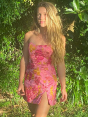 Pink Strapless Jacquard Short Homecoming Dress with Slit