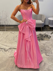 Pink Strapless Pearl Neckline Corset Long Prom Dress with Bow