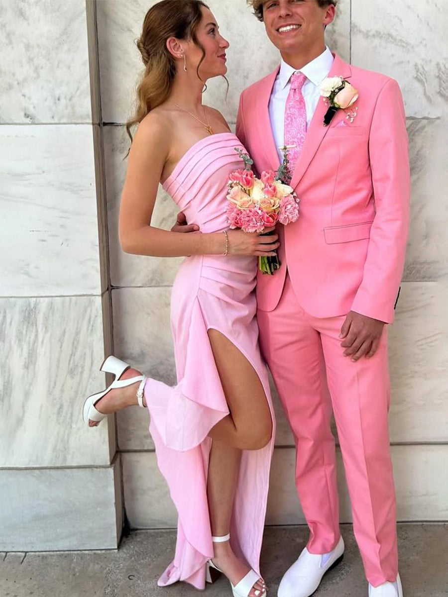 Pink Strapless Pleated Satin Long Prom Party Dress with Slit
