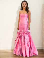 Pink Strapless Satin 3D Rosette Mermaid Long Prom Dress