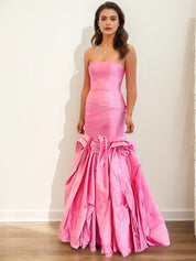 Pink Strapless Satin 3D Rosette Mermaid Long Prom Dress