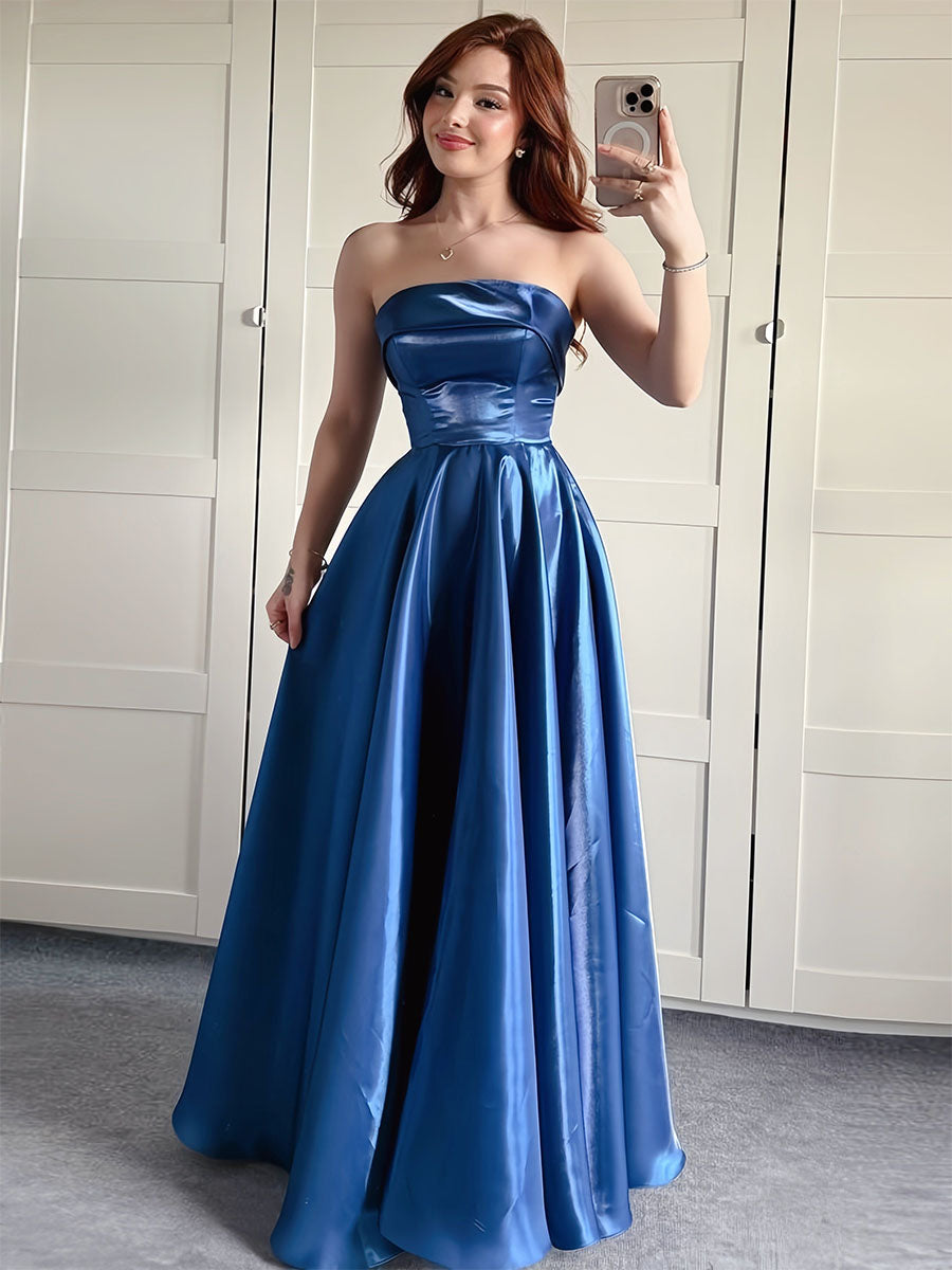 Pink Strapless Satin A-Line Prom Dress with Fold-Over Neckline