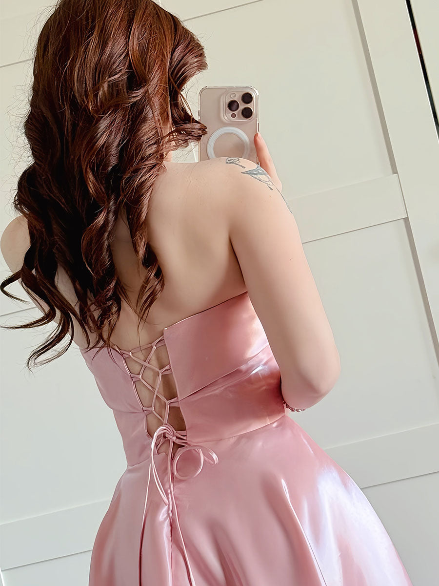 Pink Strapless Satin A-Line Prom Dress with Fold-Over Neckline