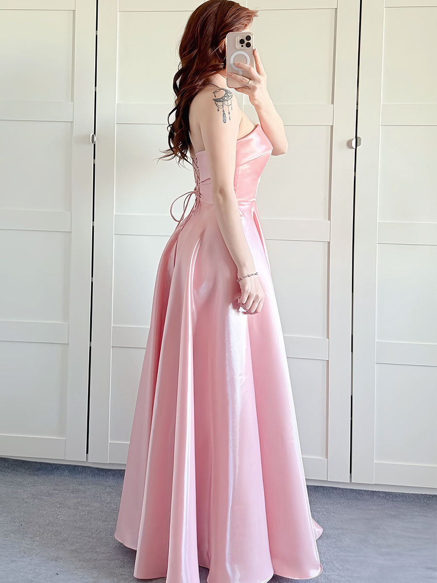 Pink Strapless Satin A-Line Prom Dress with Fold-Over Neckline