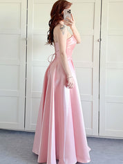 Pink Strapless Satin A-Line Prom Dress with Fold-Over Neckline