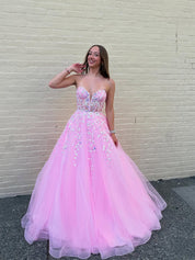 Pink Strapless Sequin Corset Long Prom Dress with Appliques