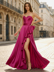 Fuchsia Strapless Sweetheart Deep Split Prom Dress with Corset Back