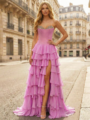 Pink Strapless Tiered Ruffle Prom Dress with Crystal Embellishments