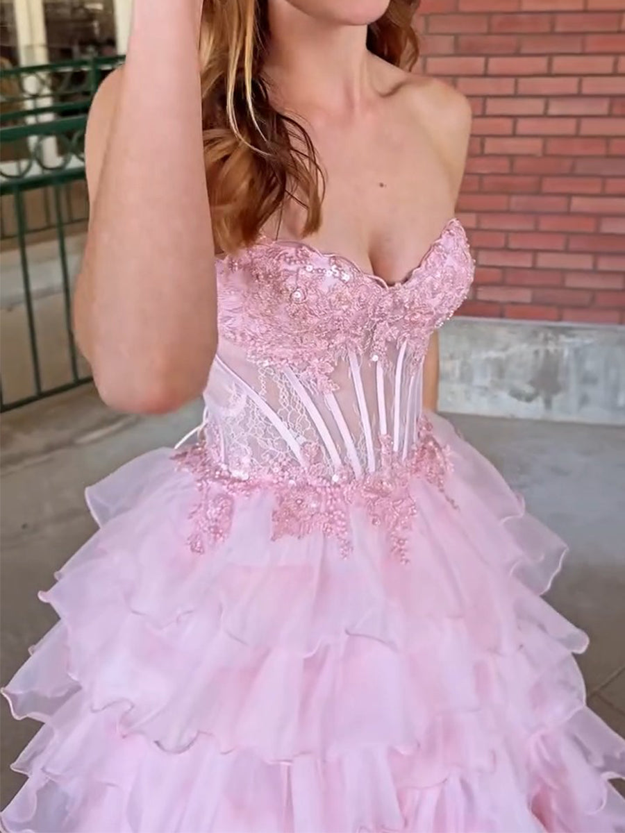 Pink Strapless Tiered Ruffles Lace Appliqués Corset Prom Dress with Slit