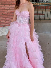 Pink Strapless Tiered Ruffles Lace Appliqués Corset Prom Dress with Slit
