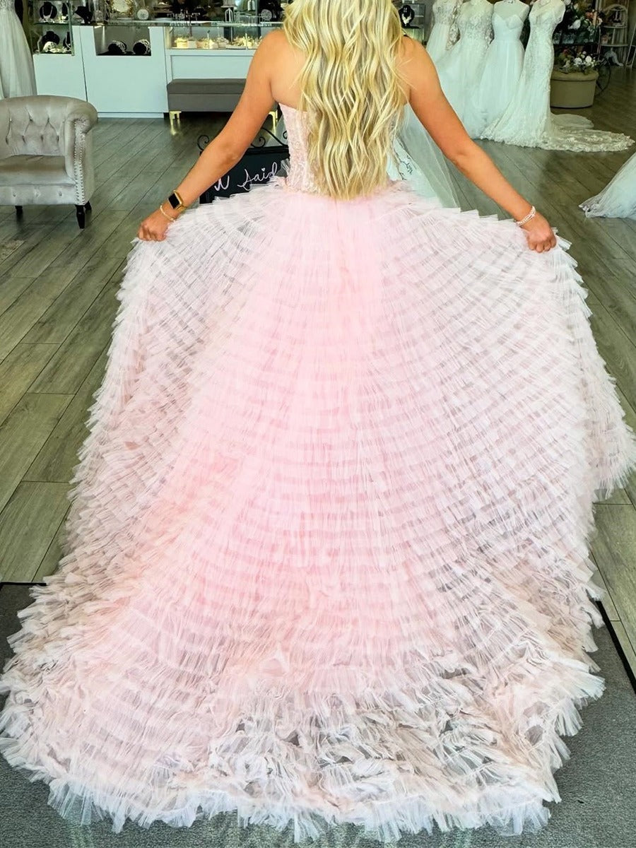 Pink Strapless Voluminous Ruffled Tulle Corset Prom Dress