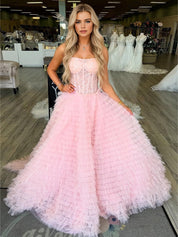 Pink Strapless Voluminous Ruffled Tulle Corset Prom Dress