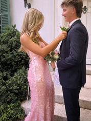 Pink Straps Sequin Long Prom Dress with Slit
