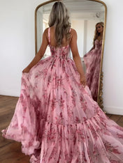 Pink Sweetheart A Line Floral Printed Chiffon Long Prom Dress With Bow