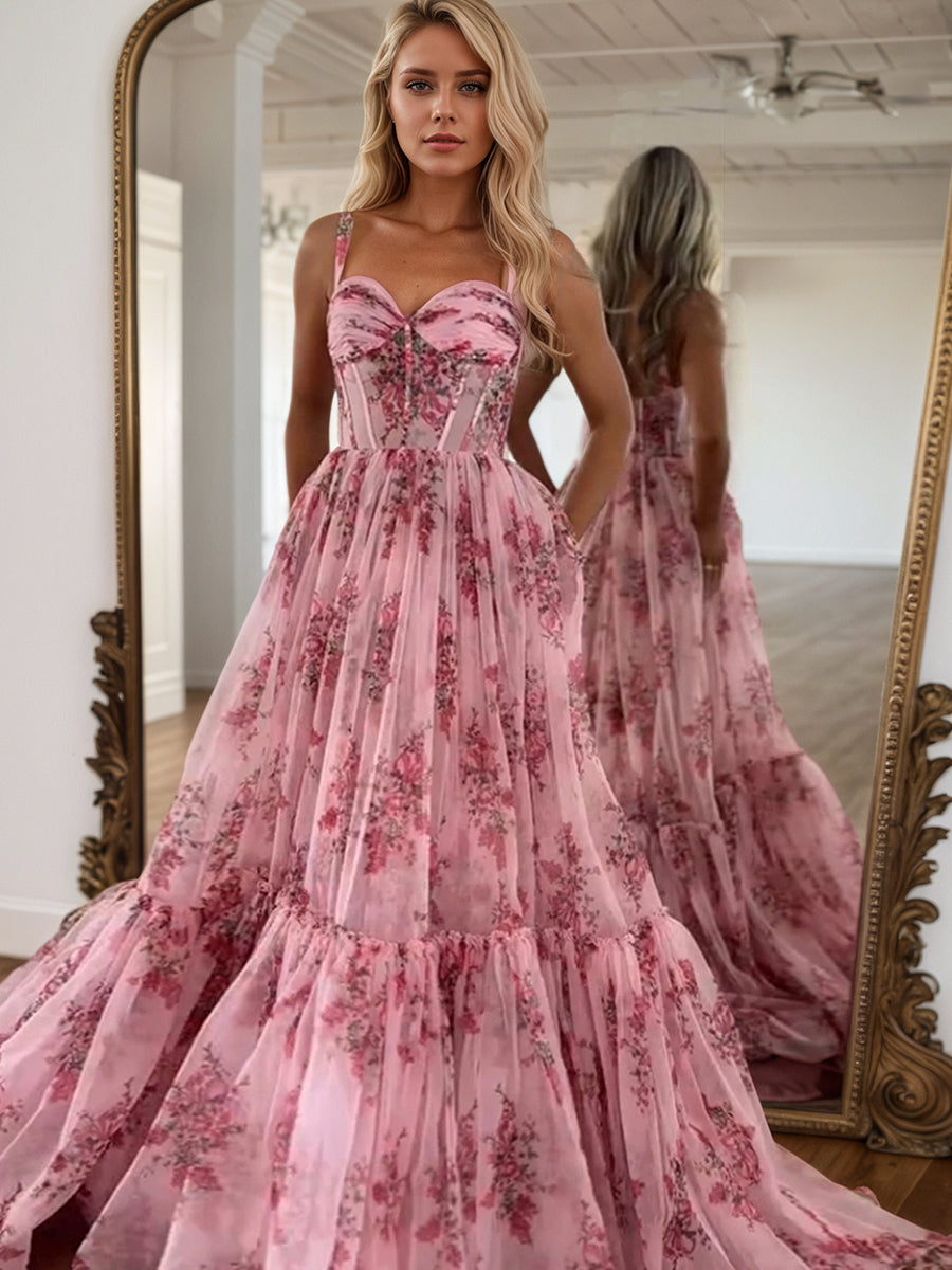 Pink Sweetheart A Line Floral Printed Chiffon Long Prom Dress With Bow