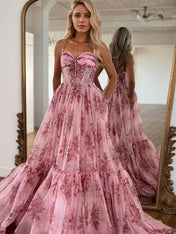 Pink Sweetheart A Line Floral Printed Chiffon Long Prom Dress With Bow
