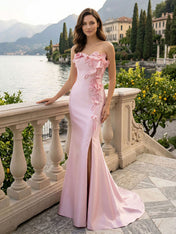 Pink Sweetheart Neckline 3D Flower Embellished Mermaid Evening Gown Maxi Dress