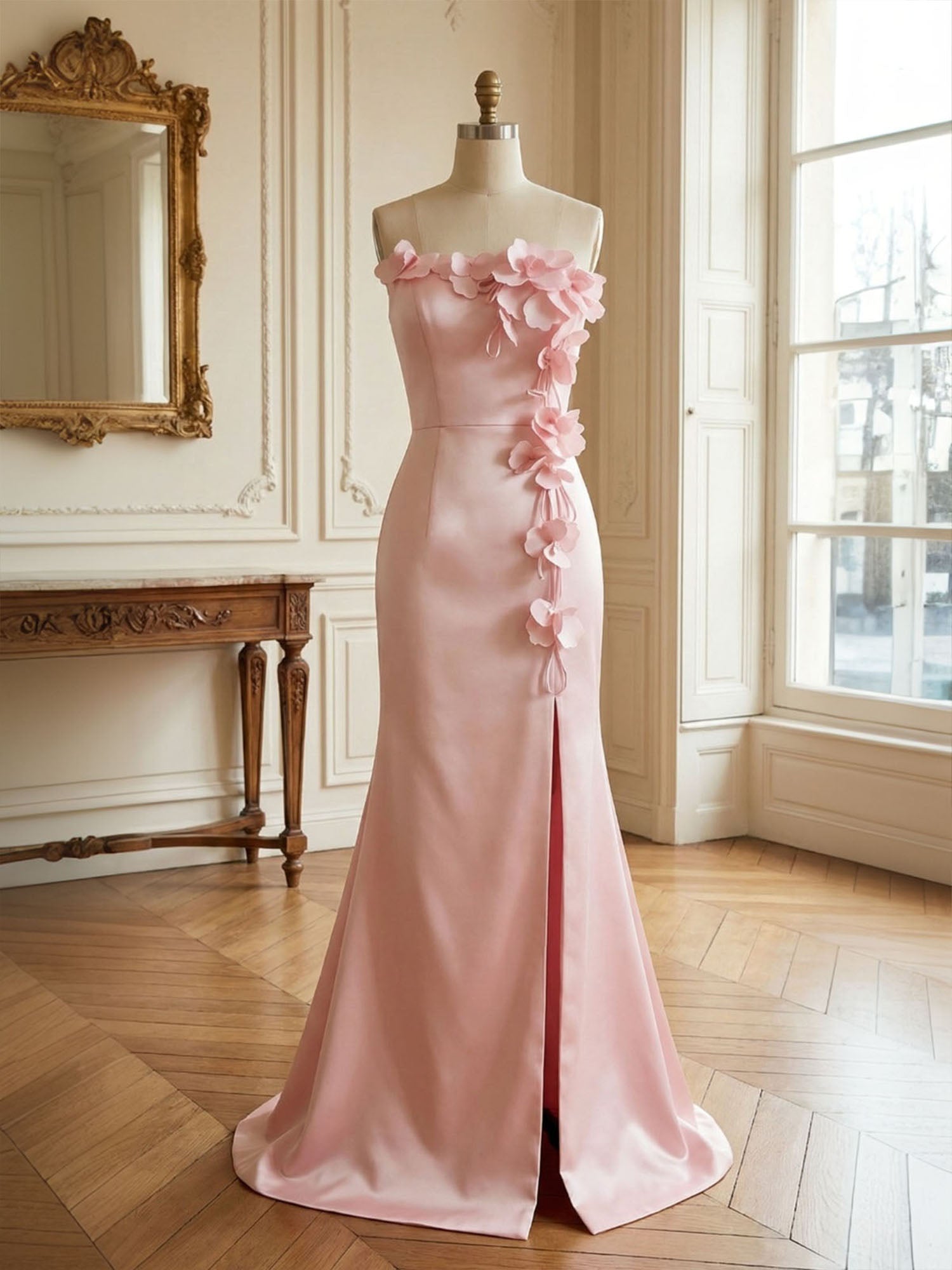 Pink Sweetheart Neckline 3D Flower Embellished Mermaid Evening Gown Maxi Dress