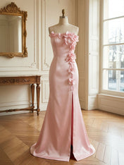 Pink Sweetheart Neckline 3D Flower Embellished Mermaid Evening Gown Maxi Dress