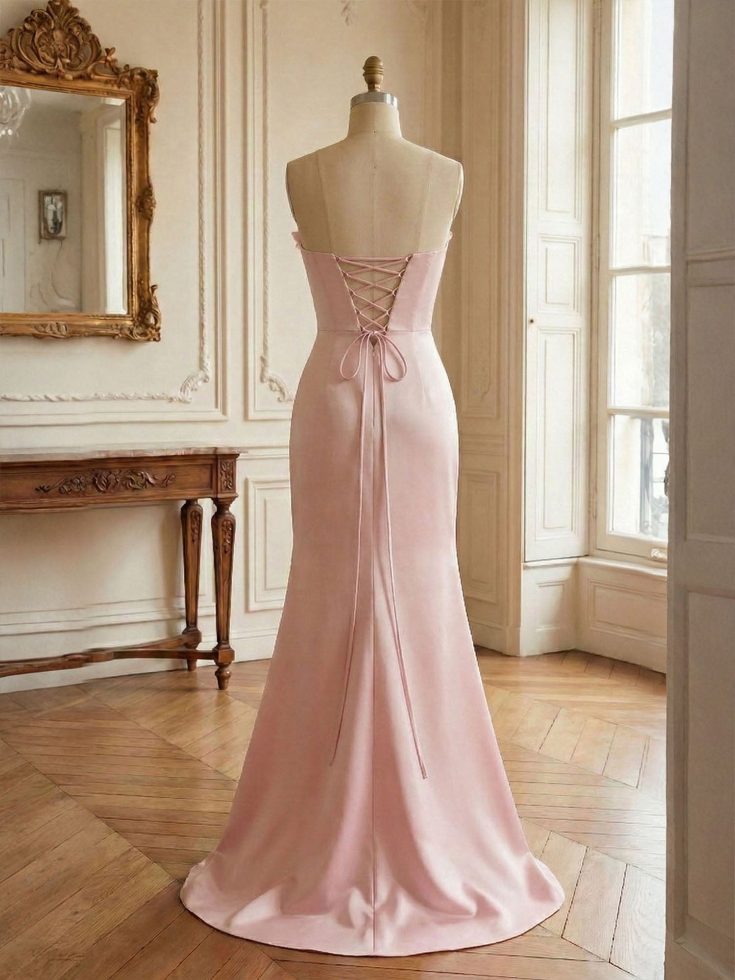 Pink Sweetheart Neckline 3D Flower Embellished Mermaid Evening Gown Maxi Dress