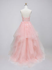 Pink Tiered Tulle Prom Dress with Floral Embroidered Sheer Corset