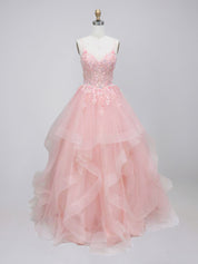 Pink Tiered Tulle Prom Dress with Floral Embroidered Sheer Corset