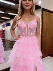Pink Tulle Tiered Corset Long Prom Dress with Slit