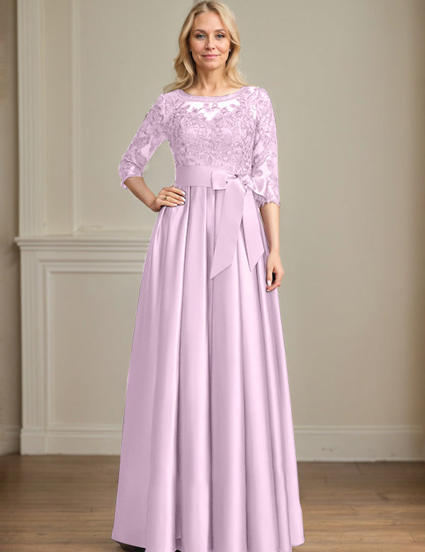 A-line Scoop Illusion Floor-Length Satin Lace Mother of the Bride Dress With Sequins Bow