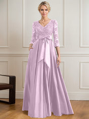 A-line V-Neck Floor-Length Satin Lace Mother of the Bride Dress With Sequins Bow