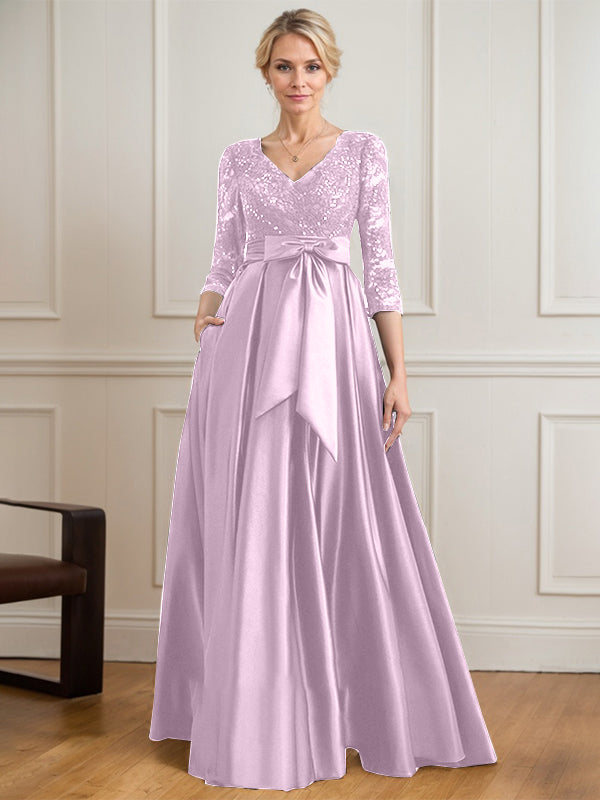 A-line V-Neck Floor-Length Satin Lace Mother of the Bride Dress With Sequins Bow