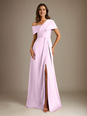 A-Line Asymmetrical Neckline Floor-Length Satin Mother of the Bride Dress With Pleated