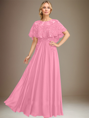 A-line Boat Neck Floor-Length Lace Chiffon Mother of the Bride Dress With Applique Sequins