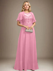 A-line Scoop Illusion Floor-Length Lace Chiffon Mother of the Bride Dress With Sequins